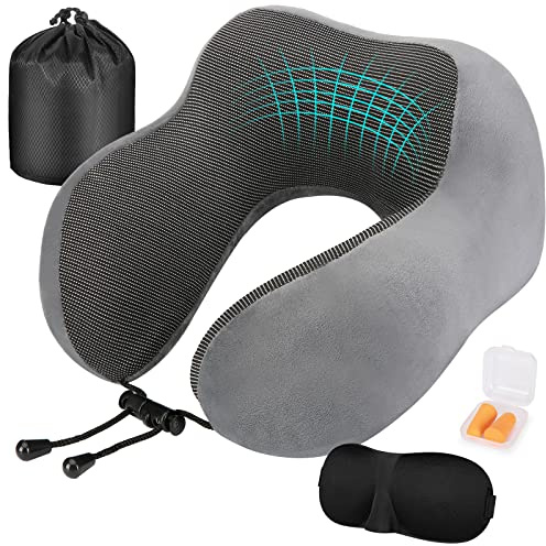 Eono Nackenkissen, Nackenhörnchen Memory Foam, Ergonomisch Gestaltetes Reisekissen, Nackenkissen Reise mit Schlafmaske, Ohrstöpsel, Tasche Ideal für Reisen, Flugzeug, Büro