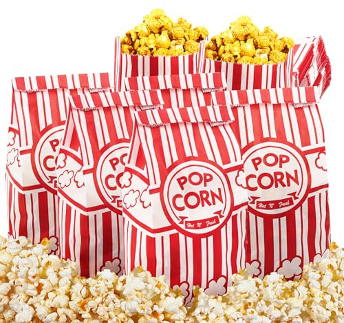 Tebery 200 Stück Popcorn Tüte, Papier Popcorntüten, Popcorntüten Klein, Movie Night Popcorn Box Candy Tüte, Rot-Weiß Gestreift, 9 x 6 x 21cm