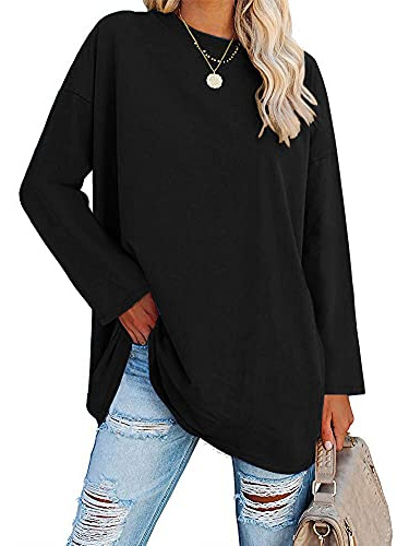 Ebifin Oversize Langarmshirt Damen Longshirt Rundhalsausschnitt Oberteil Langarm T Shirts Pullover Basic Tunika Tee Tops.Schwarz.XL