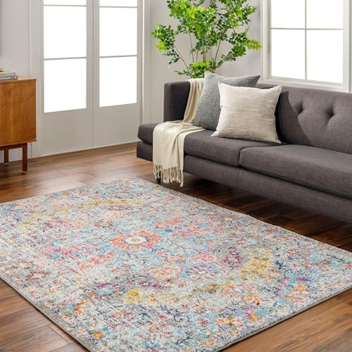 Livabliss Asmara Vintage Teppich groß - Teppich Wohnzimmer 120x170 cm, Esszimmer, Schlafzimmer, Orientalischer Teppiche Boho Style - Carpet Living Room, Bunter Muster, Grau und Orange