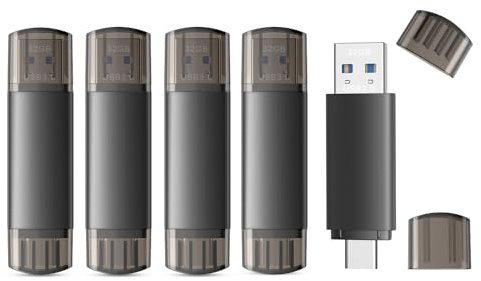 5 Stück USB Stick 32GB 3.0 USB C Stick 3.0 Mini USBC Stick Metall 2-in-1 Speicherstick 32 GB High Speed Flash Laufwerk 3.0 Flash Drive Kompatibel mit Android iPhone Linux Laptop Schwarz