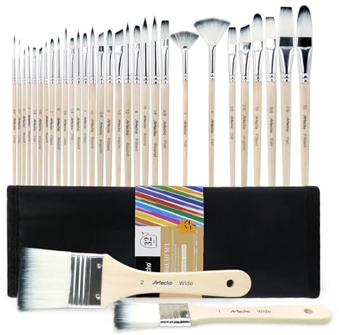 Artecho Pinselset Acrylfarben, Pinsel Set für Aquarell, Öl, Steinmalerei, Nagelpinsel, 32 Verschiedene Größen mit Organisationstasche.