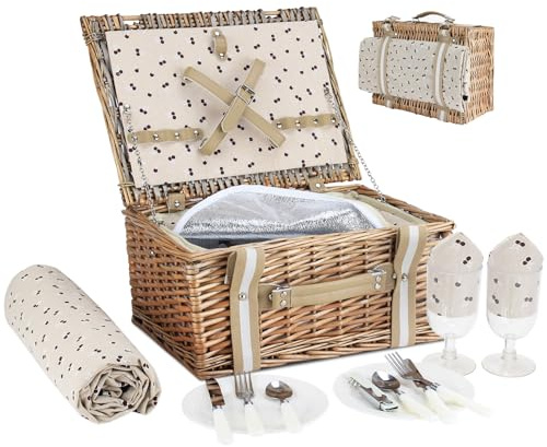 G Good GAIN Picknickkorb 2 Personen aus Weidenholz,mit Großer Isolierter Kühltasche und Wasserdichter Picknickdecke, Picknick Set Korb aus Weidengeflecht, für Camping,Outdoor,Valentinstag,Weihnachten