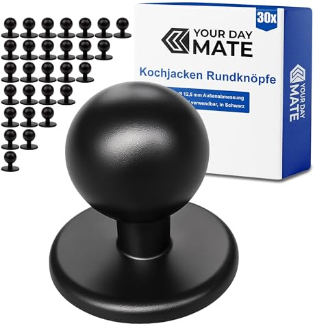 Rundknöpfe für Kochjacken, 30 Stück, in Schwarz, 19 x 12,5 x 18 mm groß, Kochknöpfe mit Ø 12,5 mm Kopfdurchmesser, Kugelknopf Kochjacke, Koch Knöpfe Jacke Küche, Kochjacken Knöpfe, Motivknöpfe Set