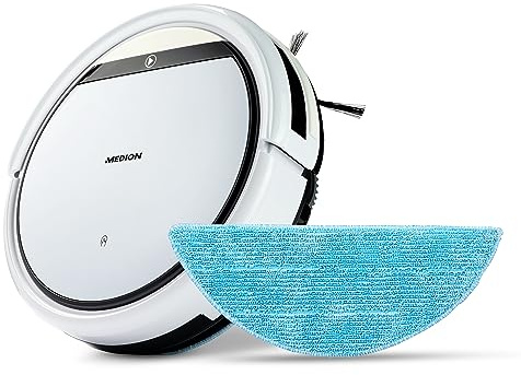 MEDION Saugroboter mit Wischfunktion (90 Min. Laufzeit, 2in1 Saug und Wisch Roboterstaubsauger für Hartböden, Teppiche, Fliesen, Laminat, Tierhaar optimiert, Rückkehr zur Ladestation, MD 18501) weiß