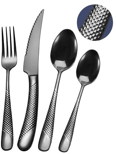 SHEUMNT 24-teiliges modernes, Gehämmertes Besteckset aus Schwarz mit ultrascharfem 2-in-1 Wellenschliffmesser, Utensilienset aus Edelstahl 18/10, Besteckset für 6 Personen, Messer Gabel Löffel Set