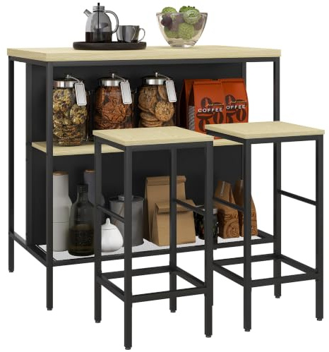 HOMCOM Bartisch mit Barhocker Set 3-TLG. mit 2 Hockern für Küche Eiche | Inkl. Küchentisch, 2 Ablagen, Essgruppe im Modern-Stil, für Esszimmer, Stahl