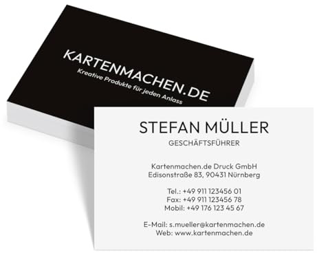 Personalisierte Visitenkarten von 100 bis 2.500 Stück individuell selbst gestalten, eigener Text selbst gestalten, dickes 300g/qm Papier, 85x55mm, Farbe und Schriftart wählen