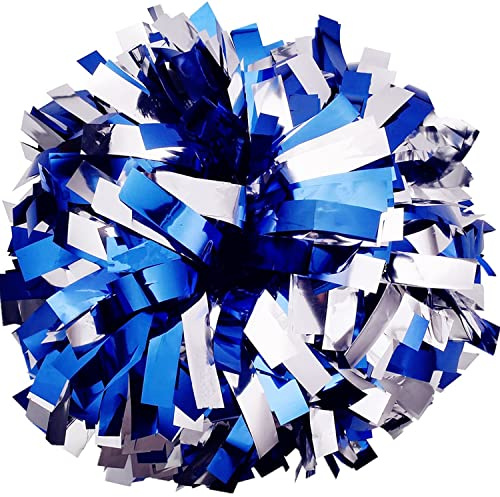 GUIFIER 1 Paar 6" Cheerleader Pompons Handblumen, Metallic Cheerleading Pom Poms, Cheerleader Pom Pom Cheerleader, Cheer Tanz Pompoms Cheerleader Puschel für Sport Teamgeist, Ballspiele-Blau un Silber