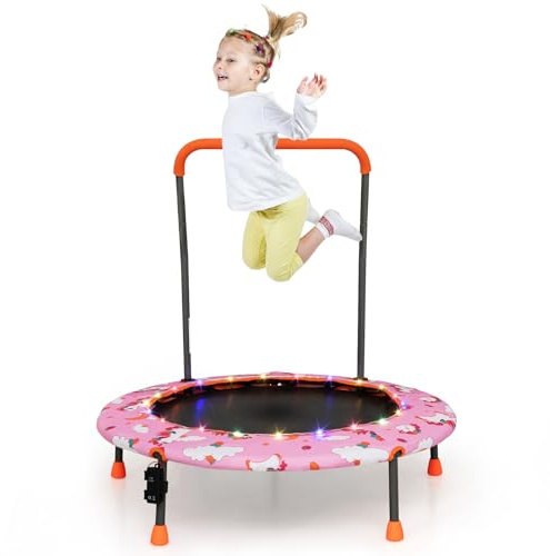 COSTWAY Ø92 cm Kindertrampolin mit LED-Beleuchtung, Rosa | Mini Trampolin mit abnehmbarem Haltegriff, Fitness Trampolin, Rebounder Indoor für Kinder von 3-6 Jahren