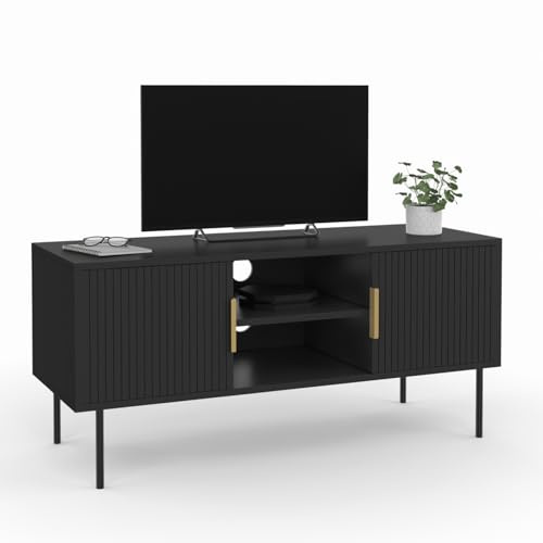 IDMarket - Meuble TV 110 cm Marcel Noir 2 Portes Effet Lattes