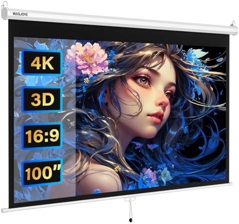 WASJOYE Manueller Leinwand Beamer Rollo mit Universal 100-Zoll Roll-Down einziehbarer manueller Projektionsschirm mit automatischer Verriegelung, Einstellbarer Bildschirmhöhe, Maskierungsrand