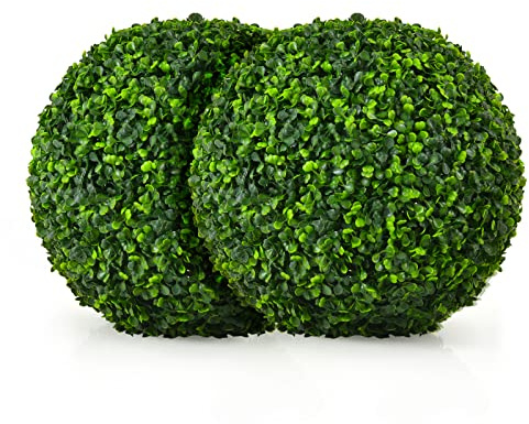 COSTWAY 2er Buchsbaumkugel 40 cm, Buchsbaum Kugel UV-beständig, Formschnitt Kunstpflanze Dekopflanze, Buchskugel Künstliche Pflanze, dekorative Kugelpflanzen für Haus Garten Hochzeit, Dunkelgrün