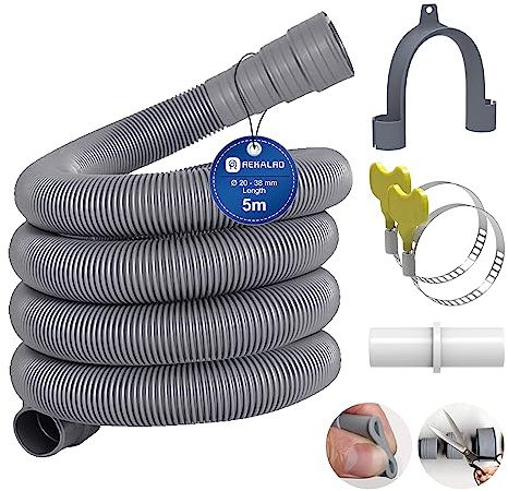 REKALRO Waschmaschinenschlauch 5m, Ablaufschlauch Verlängerung mit Bügel, Abwasserschlauch mit Verbinderl und 2 Schlauchschellen, Ø 20mm Ablaufschlauchverlängerung für Waschmaschine Geschirrspüle
