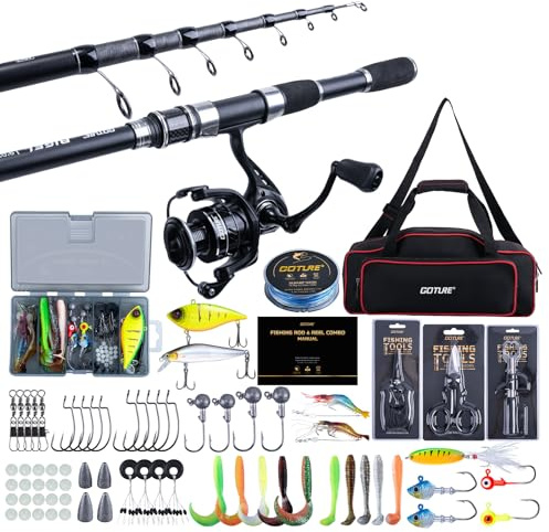 Goture Angelset mit Teleskop-Angelruten (24T Carbon), 1,8m Angelrute Set Komplett 5.2:1 Spinnrolle (9+1 Bearing), 150m/14kg Schnur, Köderbox & Tragetasche – für Salz-/Süßwasser, Reisen–Angelgeschenk