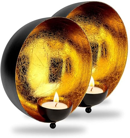 ZEYA Wand Teelichthalter 2er Set, Ø 15 cm, Wandteelichthalter schwarz Gold Metall, Wanddeko Wohnzimmer, rustikale Deko für Teelichter & Wanddekoration, Wohnaccessoire & Geschenkidee für neues Zuhause