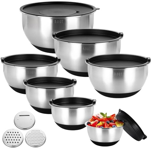 Edelstahl Schüssel Set, 7-teilig Salatschüssel mit Luftdichten Deckel | 3 Reibenaufsätzen, Rührschüssel für Backen Aufbewahrung, Stapelbar, Vielseitigkeit, Spülmaschinenfest (0,63/1/1,5/2/3/4/5 QT)