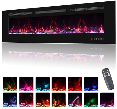 Oxhark Flame Elektrokamin Wandmontage, 13 Farbmodi LED flammeneffekt, 152 cm Kamin Heizung Glas-Touchscreen und Fernbedienung,1500W(60)