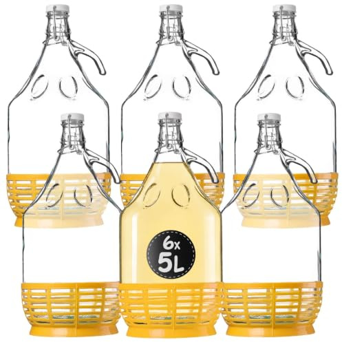 KADAX 6er Set Weinballon 5L, Glasballon für Wein, Weinfass aus glas, Gärballon, Fass für Wein aus Glas, Bügelflasche mit Korb, Gärbehälter für Wein, Glasgärballon Set