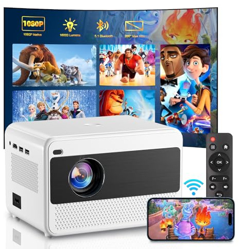 Smart Beamer WiFi Heimkino Projektor,16000 Lumen Full HD 1080P Beamer,Elektrischer Fokus 200 Zoll Zoom Bluetooth Projektor Kompatibel IOS/Andriod/Fire Stick/Laptop/PS5