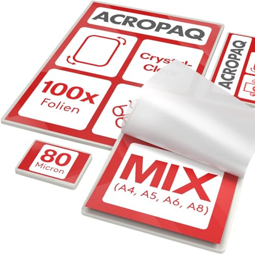 ACROPAQ Laminierfolien MIX - Verschiedene Größen, 80 Mikron, 100 Hüllen (20 x A4, A5, A6), (40 x A8), Glänzende Oberfläche, Vorgerundete Ecken - Folierfolien, Laminiertaschen
