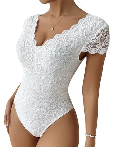 Haibang Body Damen Sexy Spitze V-Ausschnitt Kurzarm Bodysuit Elegant Stickerei Spitzenbody Floral Lace Rückenfrei Oberteil Slim Fit Jumpsuit Overall Sommer Damenbody Spitzenbluse Party Club Shirts
