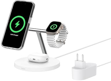 Belkin BoostCharge Pro 3-in-1 Qi2 Kabelloses Ladegerät, MagSafe-Kompatibles Ladegerät, Induktive Ladestation für die Apple iPhone 17, Air, 16, Pixelsnap, Apple Watch, AirPods, inkl. Netzteil – Weiß