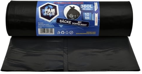 PAM-FOLIE Müllsäcke 360L - 10 Stück - XXL Große, Extra Stark, Dicke Abfallsäcke, Premium - 120x150cm - 50µm - schwarzer Müllbeutel - Bauschuttsäcke -Säcke für Bauschutt Abfalls, Styropor