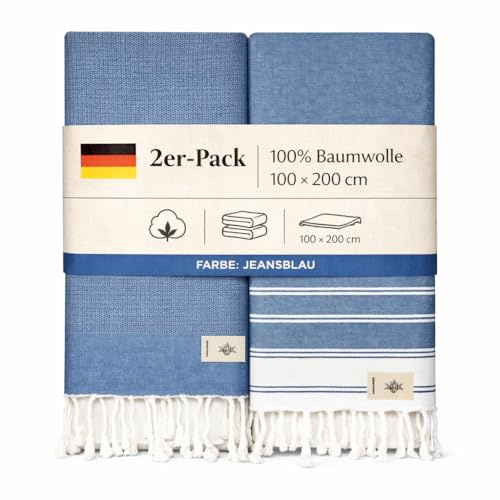 NOUR Hamamtuch Strandtuch | 2er Pack | groß 100x200 cm | aus 100% Baumwolle | Picknickdecke | Saunatuch | Extra leicht | saugstark | schnelltrocknend | Sandfrei (Blaue Jeans)