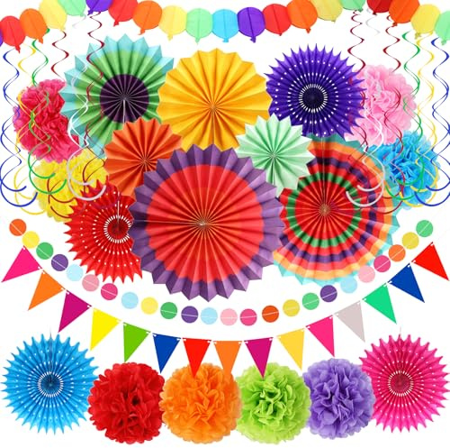 BestoFun Bunte Party Deko 33 Stück Karneval Party Dekoration mit Hängenden Pompons Deko Papierfächer Girlande Wimpelketten Fasnachtsdeko für Faschings Deko Bunt Geburtstag Hochzeiten Gartenpartys