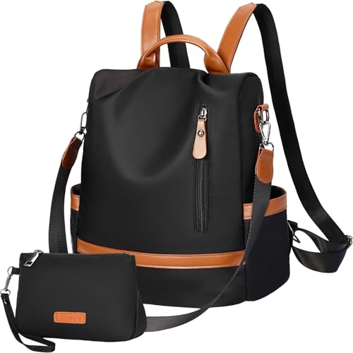 Eshow Rucksack Damen Klein, Anti-Diebstahl Kleiner Cityrucksack Tagesrucksack Elegant, 3 in 1 Rucksackhandtasche mit Clutchbag, Rucksacktasche Modern für Pendeln Schule Arbeit Reise Schwarz