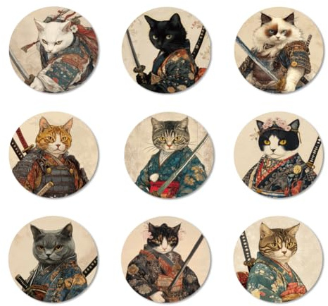ANATTASOUL 9 Stück Samurai Katze Untersetzer Holz für Zuhause | Holzuntersetzer Coaster Wiederverwendbare Glasuntersetzer ,Tasse Coaster Mat für Büro und Bar Tischdeko Sommer