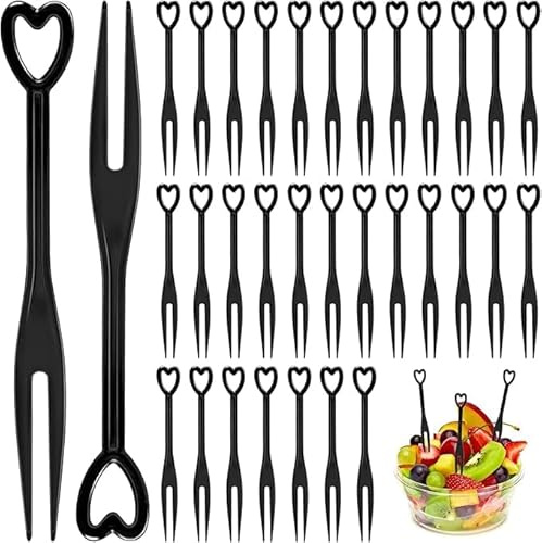 VOSSOT Obstgabeln Kinder 200 Stück Herzform Schwarz – Pommesgabeln Snack Buffet Zubehör und Piekser Fingerfood Kinder,Plastik Besteck Food Picks für Pommes Gabeln, Obstspieße, Catering Zubehör