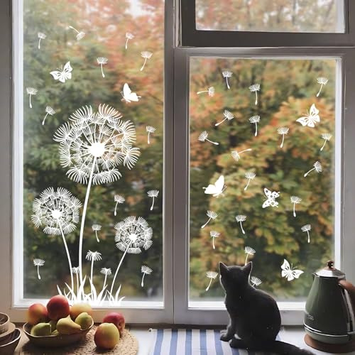 Supzone Fensterbilder Selbstklebend Pusteblume Weiß Fensteraufkleber Blumen Schmetterlinge Fenster Abziehbilder Sommer Frühling Anti-Kollision Fensterfolie Glastüren Fensterdeko Aufkleber
