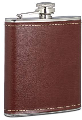 Relaxdays Flachmann 200ml, Taschenflasche aus Edelstahl mit Kunstleder Hülle, kleiner Flachmann für Unterwegs, braun, 1 Stück Kunstleder