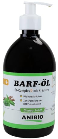 Anibio Barf Öl 500ml – All-in-One Öl-Complex 5 mit Kräutern für Hunde | Kaltgepresste Ölmischung mit Omega 3, 6 & 9 | barfen | Barföl | Made in Germany