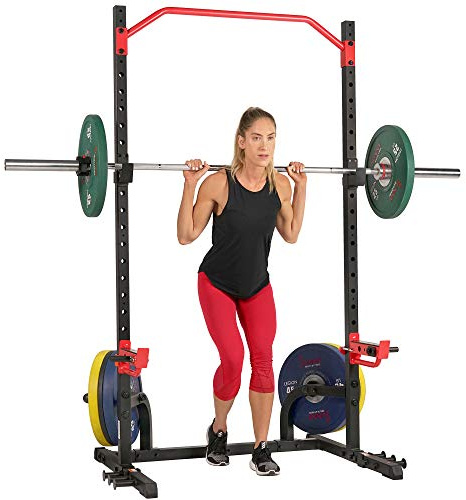 Sunny Health & Fitness Power Zone Kniebeugenständer, Power Rack Cage für Zuhause mit Spotter-Armen, J-Haken, verstellbarer Klimmzugstange - SF-XF9931