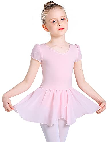 Ballettkleidung Mädchen Ballettkleid Kurzarm Tanzkleid Balletttrikot aus Baumwolle mit Chiffon Rock Tütü 2-11Jahre 90-150 CM (140, Rosa)