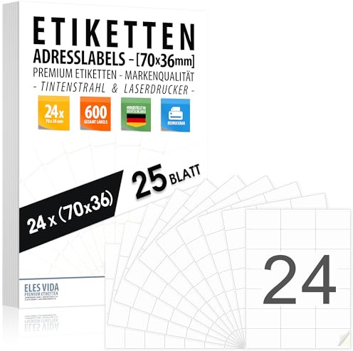 Adressaufkleber 70x36 mm (600 Etiketten – 25 Blatt A4) selbstklebend, bedruckbar, Inkjet & Laserdrucker für Adressen, Pakete und Briefe hochwertige Adressetiketten, Druckeretiketten Universaletiketten