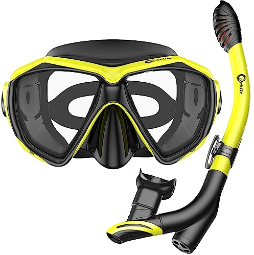 Dorlle Schnorchelset Schnorcheln Set mit Schnorchel und Taucherbrille，wasserdichte Tauchmaske Anti-Fog Anti-Leck aus Gehärtetem Glas，mit 3-Kanal Premium Dry Schnorchel für Erwachsene ，Schwarz/Gelb