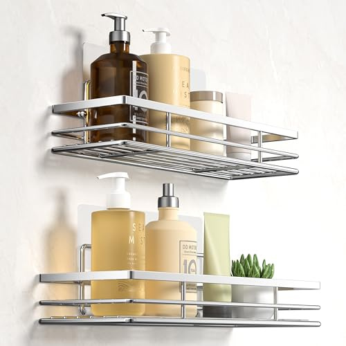 saffruff Duschablage Ohne Bohren 2 Stück Duschregal Duschkorb Badezimmer Organizer Badezimmer Regal Badregal Shampoo Halterung Dusche Küche Bathroom Rrganizer mit 2 Klebeflächen Silber