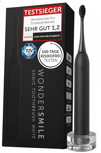 WonderSmile Schallzahnbürste Pro - Testsieger 2026* - Elektrische Zahnbürste IPX8, 4 Programme - mit Ladestation & 60 Tage Power Batterie mit Smart-Bürstenkopf (Ultimate Black)