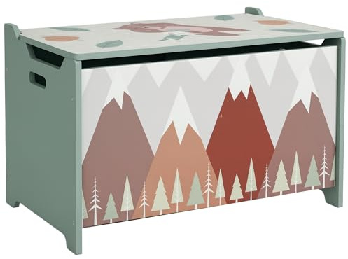 ZONEKIZ Spielzeugkiste, Aufbewahrungsbox mit aufklappbarem Deckel, Sicherheitsscharnier Spielzeugtruhe mit niedlichem Tierdesign, Griff, Spielzeug Aufbewahrung für Kinderzimmer, 60x37x39 cm Grün