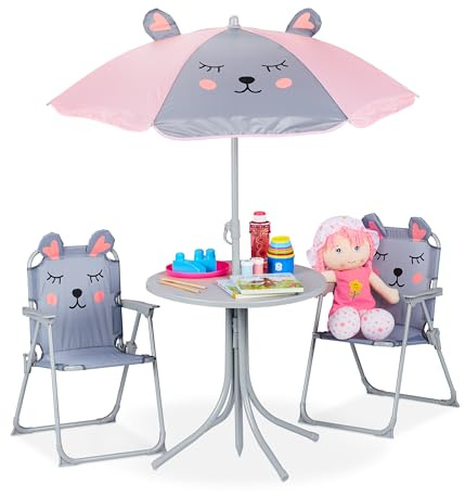 Relaxdays Camping Kindersitzgruppe, Maus Motiv, Kindersitzgarnitur mit Sonnenschirm, Klappstühlen & Tisch, Garten, grau