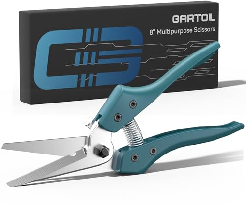 GARTOL 210mm Allzweckschere Schwerlast, ultrascharfe Blechschere mit Kabelkerbe, fein gezahnte, abgewinkelte Klingen – Industrieschere für Teppiche, Pappe, Blech, Leder, Isolierung, Drähte