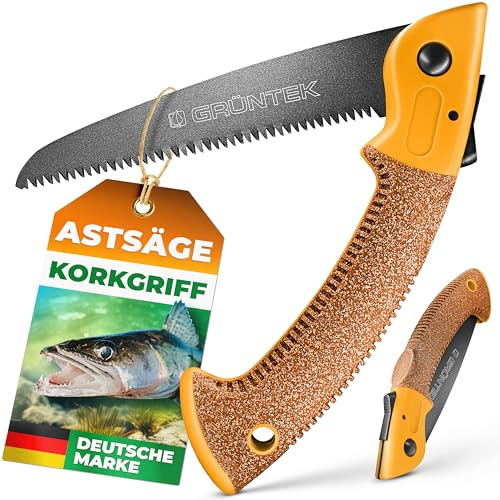 GRÜNTEK Klappsäge ZANDER, gehärtetes Carbonstahl Sägeblatt 180mm, rutschfester Korkgriff, antihaft-beschichtete Klinge mit 4 Positionen ideale Outdoor Campingsäge Taschensäge Pocketsäge Astsäge