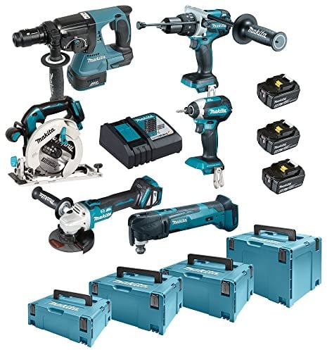 Makita DLX6085TJ Akku-Kombo-Kit 18V (DHR243+DHP481+DTD153+DHS680+DGA513+DTM51) / 5,0 Ah, 3 Akkus + Ladegerät + 4x MAKPAC