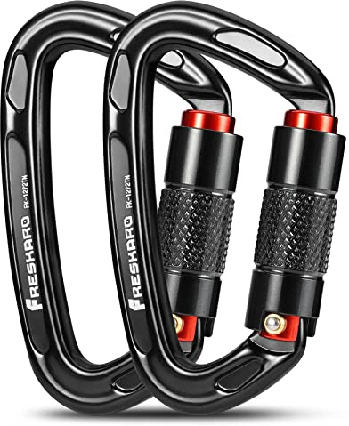 FresKaro Kletter Karabiner, Schraubkarabiner mit Große öffnung, Karabinerhaken Klettern, Carabiner Schwarz Matt, Schraubverschluss Groß, für Hängematte, Feuerwehr, Extra Stark 2550kg, 2 Stücke