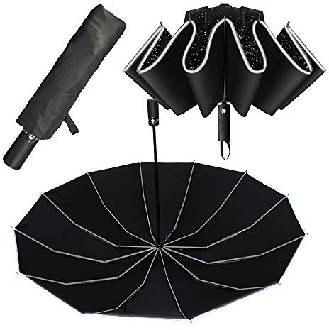 Regenschirm Sturmfest 12 Streben - Taschenschirm unisex Automatik kompakt | Reverse Folding ohne zu tropfen - für Herren und Damen - Reflektoren am Rand - extra stabil und klein