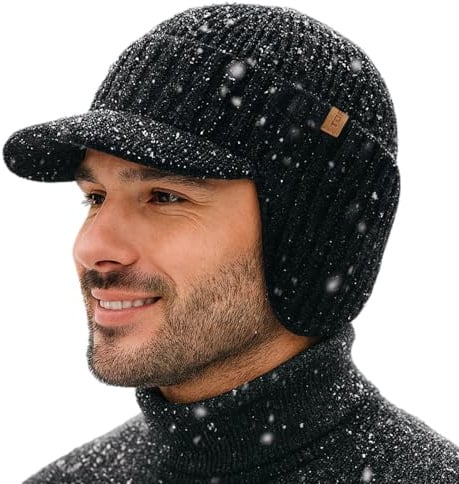 TOP-EX DryKnit™ XL/XXL wasserdichte 80% Merinowolle Schirmmütze Herren Großer Head, Winter Strickmützen Beanie Cap, Warm Winddicht Wintermütze mit Fleecefutter und Ohrenklappen für Ski Golf, Schwarz